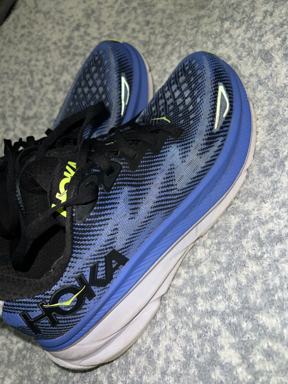 Hoka Clifton 9, Blue Black Neon Running Shoes size 10B - Picture 2 of 10